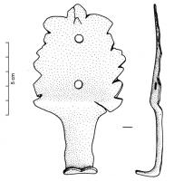 IND-4103 - PiètementbronzeApplique foliacée, percée de deux trous de fixation (clous ou rivets)  prolongée par un pied court, à piètement replié à angle droit.