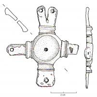 JHA-4007 - Jonction de harnaisbronzeJonction cruciforme pour le croisement de deux sangles étroites : les embouts sont composés non pas de passants pour sangles mais de rivets de fixation. Un côté est composé de deux rivets.