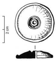 JTN-4001 - JetonosTPQ : 1 - TAQ : 100Jeton bombé, tourné; la face inférieure est lisse, la face supérieure comporte un bourrelet extérieur et forme un dôme de profil arrondi et aplati; au sommet, décor de moulures concentriques avec centre plus marqué.