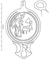LMP-42616 - Lampe Loeschcke IB : berger TiTYRVSterre cuiteTPQ : 1 - TAQ : 30Lampe à bec triangulaire accosté de volutes atrophiées ; anse marquée d'un sillon médian ; sur le disque creux, encadrédegroupe de filets, berger appuyé sur son pedum, devant ses moutons ; sur le bord, inscription TITYRVS.