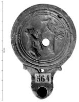 LMP-42691 - Lampe Loeschcke IV : fableterre cuiteLampe moulée, sans anse ; sur le médaillon, quadrupède (renard ?) au pied d'un arbre portant un oiseau : évocation de la fable du corbeau et du renard d'Esope.