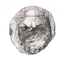 PHA-4017 - Phalère : tête de Silènebronze, plomb, argentPhalère à décor figuré : tête d'homme âgé, barbu, chauve, ceinte d'un bandeau, avec feuilles et grappes de raisin.