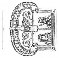 PLB-4063 - Plaque-boucle articulée à extrémités zoomorphesbronzePlaque-boucle à boucle aplatie, la barre d'articulation encadrée de têtes animales affrontées ; ardillon simple ou 