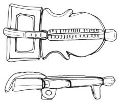 PLB-5184 - Plaque-boucle rigidebronzePlaque-boucle rigide, en forme de feuille, motif médian (ligne en relief); boucle rectangulaire.