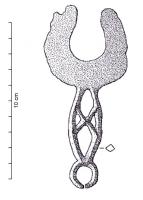 RSR-1006 - Rasoir à double tranchantbronzeRasoir lunulé, à double tranchant et manche ajouré de forme ovale, renforcé par une croix de Saint-André et terminé par une bélière circulaire.