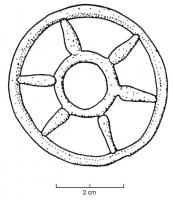 RUL-3004 - Rouelle solairebronzeRouelle composée d'un large cercle d'où partent 6 rayons en balustres, le tout incsrit dans un cercle.