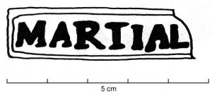 SIG-4047 - Empreinte antique de signaculum métallique sur amphore : MARTIALterre cuiteTPQ : 60 - TAQ : 200Estampille apposée à l'aide d'un signaculum métallique (lettres creuses), sur anse d'amphore G4 : dans un cadre, MARTIAL.