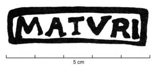 SIG-4048 - Empreinte antique de signaculum métallique sur amphore : MATVRIterre cuiteEmpreinte antique d'un signaculum métallique sur anse d'amphore G4 : dans un cadre, MATVRI ou MATVRVS F ou MATVRV ou MATVRVR.