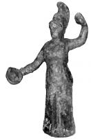 STE-4148 - Statuette : Athéna - Minerve tenant une patèrebronzeLa déesse se tient debout, vêtue d'un chiton tombant jusqu'aux pieds. Elle porte un haut casque corinthien. La main droite, portée vers l'avant, présente une patère.  La main gauche, quant à elle, levée au niveau du casque, devait se tenir à une lance disparue.