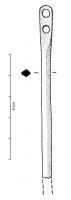 AIG-4004 - Aiguille de tye ArelatebronzeAiguille à sommet aplati (parfois avec des rebords sur les côtés), pourvu de deux chas circulaires superposés ; tige le plus souvent de section carrée, losangique ou lenticulaire.