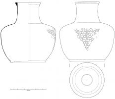 AMF-3003 - Amphore ou cruche biansée de type Mayence-DettenheimbronzeRécipient à profil sinusoïdal, large panse bombée et col hyperboloïde légèrement ouvert. Les anses, diamètralement opposées, sont fixées par brasure au niveau de l'épaulement et de la lèvre.
Le type se caractérise par des attaches d'anses triangulaires en opus interrasile