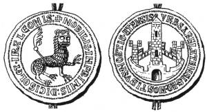 BUL-9134 - Bulle municipale : ArlesplombBulle circulaire moulée : A/, lion dressé à droite, patte antérieure gauche abaissée vers le sol; autour, IRA LEONIS + NOBILIS + IN PRIMIS + DICIS OLET + ; R/ Porte de ville, autour VRBS • ARELATENSIS • ET NOSTIBVS • NOSTIS • ETENSIS.