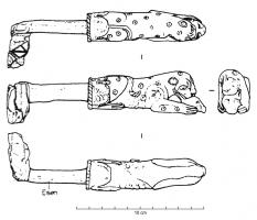 CLE-4150 - Clé : panthère émergeant d'un fleuronfer, bronzeClé en fer à manche coulé en bronze, en forme de panthère couchée, la tête posée entre les pattes antérieures tenant la tête d'une proie, le corps entier pouvant émerger d'un fleuron.
