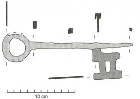 CLE-6006 - Clé bénarde à mouvement rotatifferClé bénarde (la tige se prolonge au-delà du panneton et sert d'axe de rotation), à simple anneau de suspension plat, circulaire.