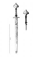 DAG-7010 - DagueferArme à double tranchant symétriques, cannelure centrale et pommeau en forme de demie-sphère. 