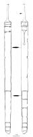 EPE-3038 - Épée laténienneferL. approximative: 950, conservée 920mm. Lame sans nervures formée de plats en bâterie terminés par des fils tranchants convergeant en pointe. L’extrémité manque et a dû être effilée. Talon sans croisière à épaules obliques et convexes. Larg. : 45 ; ép. 5mm.

Soie à section rectangulaire, terminée par un écrasement, L. : 105 ; larg. : 12 : ép. : 5mm.

Fourreau composé de deux tôles convexes ; la plus large, au dos, rabattue sur l'antérieur, L. : environ 820 ; larg. : 49 ; ép. : 8mm. Ouverture droite, sans chape, renforcée par une frette périphérique, soudée à deux cornières en U couvrant les côtés sur 34mm, et assurée par deux autres frettes. La première ne couvre que la face antérieure et a ses extrémités repliées en pince sur le dos. La seconde est périphérique et enserre le haut du pontet. A la face antérieure, elle s'orne de deux boutons à cupule. Plus bas, une quatrième frette périphérique enserre la base du pontet, et porte deux boutons à cupule. Le pontet est composé d'une plaque transversale, 35x23mm, couvrant presque toute la largeur du fourreau, et fixé par deux pattes. L'une courte, monte jusqu'à l'ouverture ; l'autre, allongée, s'étire sur 100mm. La bouterolle, ruinée en bout, commence aux deux tiers du fourreau par une frette périphérique soudée à deux cornière en U. Elle est suivie, à distances égales par trois autres frettes qui, n'étant pas soudées à la face antérieure, sont perdues sur cette face. A l’extrémité, trois frettes plus rapprochées terminent la bouterolle. La fermeture de la bouterolle peut être considérée comme arrondie d'après le mouvement des cornières.