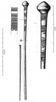 EPG-1096 - Epingle à petite tête globuleuse : type du Plan-de-NovebronzeEpingle à petite tête globuleuse lisse, à méplat sur le grand diamètre; la partie supérieure de la tige est ornée d'un motif incisé complexe.