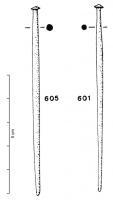 EPG-4105 - Épingle à tête en disque ou cône aplatiosEpingle à corps de section circulaire, renflé vers le tiers supérieur et rétréci vers la tête, qui a la forme d'un cône très aplati.
