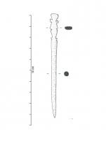 EPG-4581 - EpingleosEpingle à tête ornée d'un motif géométrique original, long, plat et complexe. Le corps est de section circulaire, non renflé. 