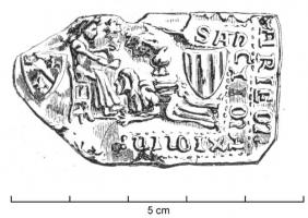 ESP-7062 - Enseigne de pèlerinage : sainte Marie Madeleine de Saint-MaximinplombEnseigne figurant Jésus-Christ assis, devant lequel se prosterne Marie Madeileine, entre deux blasonds : à gauche, d'Anjou ancien, semé de France au lambel de gueules, avec une bande d'argent pour brisure, qui est de Sicile-Tarente; à droite, d'Aragon (Catalogne), d'or à quatre pals de gueules. Autour, légende SIGNVM : BRATE : MARIE : MADALENE, et dans le champ, SANCTI : MAXIMIN(i).