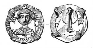 ESP-7074 - Enseigne de pèlerinage : saint QuentinplombBuste de face, tête nimbée, en médaillon ajouré cerné d'un bandeau recouvert de triangles guillochés; les épaules sont transpercées de clous, ce qui correspond à une des traditions du matyre de Quentin. Au revers, épingle et quatre pattes repliées sur le pourtour.