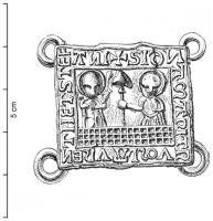 ESP-7075 - Enseigne de pèlerinage : saint Laurent et saint EtienneplombEnseigne carrée, équipée d'anneaux aux angles, figurant deux personnages à mi-corps, la tête nimbée, au-dessus d'un motif en damiers (gril du martyre de Laurent) ; autour, légende en lettres gothiques : SIGNVM MARITRVM (= Martyrum) LAVRENTI ET STEFANI.