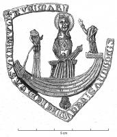 ESP-7084 - Enseigne de pèlerinage : ND de BoulogneplombVaisseau voguant à droite, inscrit dans un phylactère ajouré en forme d'écusson : + AVE MARI (a gratia plena) : DOMINVS : TECVM : BENEDICTA TU : IN : MVLI(eribus). Au centre, la Vierge Marie assise, couronnée et nimbér, tenant l'Enfant Jésus dans son bras gauche; de part et d'autre, personnages debout (anges ?), dont celui à la poupe tient une rame.