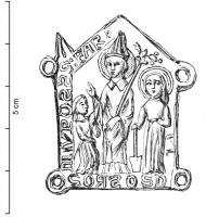 ESP-9070 - Enseigne de pèlerinage : saint Faron saint FiacreplombEnseigne de forme architecturale, anneaux aux angles  ; saint Faron en évêque, mitre et crosse tournée vers l'extérieur, observe courroucé (?) à sa droite une femme portant une quenouille, qui lève la main en signe de contestation; à sa gauche, personnage nimbé, tenant une bêche (saint Fiacre). Au-dessus du personnage central : S:FAR(on); au-dessous et à gauche, legendes illisibles (mentionnant sans doute saint Fiacre et Houpdée : ...VPDEE).