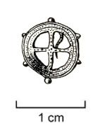 FIB-41873 - Fibule géométrique platebronzeTPQ : 40 - TAQ : 70Fibule plate, dont la charnière disposée au revers comporte deux plaquettes coulées reliées par un axe en fer, en forme de rouelle à quatre fins rayons. L'épaisse jante est ornée de deux rangées de pointillés, et elle est bordée de six protubérances latérales.