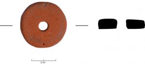 FUS-6007 - Fusaïole taillée de type TCAterre cuiteTPQ : 800 - TAQ : 1600Fusaïole taillée dans un tesson ou une paroi céramique, dans une pâte de type TCA (rouge, cuisson oxydante). La facture est régulière et les bords peuvent être émoussés.