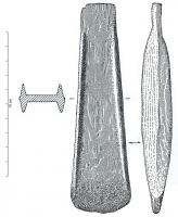 HCH-1032 - Hache à rebords : type médocainbronzeTPQ : -1500 - TAQ : -1200Hache longiligne, à sommet aminci et rebords élevés, bords droits ou légèrement concaves ; tranchant rectiligne ou légèrement convexe, peu évasé. Type sans décor.