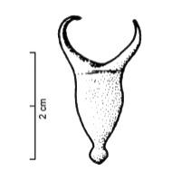 PDQ-2029 - Pendeloque en forme de panierbronzePendeloque creuse, en bronze coulé, présentant généralement une ou deux perforations; corps renflé (ouvert ou non par dessus) prolongé par un large anneau : pendeloque en forme de panier à fond en obus, terminé par un bouton.