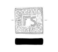PDS-5023 - Poids quadrangulaire : Γ S (6 unciae)bronzePlaquette épaisse, de forme carrée, marqué sur une face des lettres FS  [ou Γ S]  incisées, parfois de part et d'autre d'une croix et/ou entourées de rinceaux.