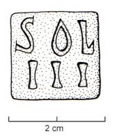 PDS-5038 - Poids quadrangulaire : 3 solidibronzePlaquette épaisse, de forme carrée, marqué sur une face SOL / III  (pour 3 solidi) ; revers lisse.