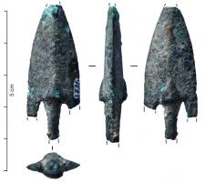 PFM-3001 - Pointe de flèche type AmpuriasbronzeArmature ogivale en bronze, à ailerons et axe médian renforcé vers la base par un cône massif qui sert de butée à une soie fine et étirée, de section carrée.