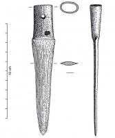PGD-1045 - Poignard à douillebronzeTPQ : -1300 - TAQ : -800Poignard dont la douille présente une section, le plus souvent ovalaire, parfois subrectangulaire ou hexagonale. Deux trous, symétriquement opposés (parfois 4), permettent le placement d'une (ou deux) goupille. Celle douille peut être ornée de cannelures.
Variante 2 : les bords de la douille sont rectilignes dans leur majeure partie.