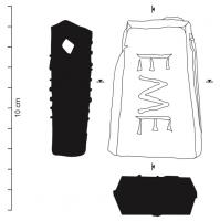 PSN-4021 - Peson pyramidal : EMEplombPeson de forme pyramidale, section rectangulaire ou plate, et surtout une perforation sommitale qui traverse non pas la plus faible, mais la plus forte épaisseur de l\'objet. Sur une face, marque moulée avec l'objet, initiales EME.
