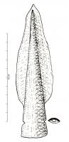 PTL-1024 - Pointe de lance à douille : type de TréboulbronzePointe de lance à douille conique, de section sub-circulaire ou elliptique. Les trous de rivet ou de goupille sont perforés dans la douille après la coulée.