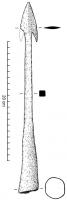 PTL-4005 - Pointe de lance à barbelures, type WiderhakenlanzeferArmature à longue douille tronconique, parfois percée transversalement pour recevoir un rivet de maintien,  formant une hampe de section carrée, surmontée d'une pointe à ailerons.