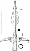 PTL-7004 - Pointe de lance à ailettes longues percéesferPointe de lance  à lame lancéolée large et courte, avec un renfort médian (épieu de chasse), munie de deux longues ailettes effilées et percées chacune de trois trous disposés en triangle; longue douille octogonale.
 