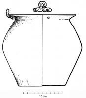 SIT-4023 - Situle bitronconique, type Östland, var. Juellinge abronze, ferSitule bitronconique, à carène adoucie et lèvre déversée (bord redressé vers le haut); une anse mobile s'articule sur deux attaches rivetées en fer.