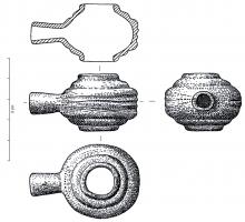 SRD-1001 - Sphéroïde à manchonbronzeObjet en forme de sphère présentant aux pôles deux larges ouvertures circulaires de diamètres identiques, et sur le côté un manchon conique ou de section subrectangulaire ; décor de bourrelets transversaux sur le corps ; manchon lisse.