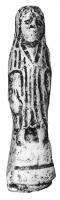 STE-4129 - Statuette : personnage voiléterre cuitePersonnage voilé, debout, de sexe indéfinissable. Socle sphérique. La tête est couverte d'un capuchon, les bras sont le long du corps, le drapé s'arrête aux chevilles.