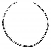 TRQ-2009 - Torque à tige torsadée, extrémités effiléesbronzeTorque en bronze dont la tige à section carrée est torsadée. Les extrémités sont droites et effilées.