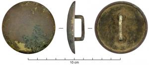 APH-9001 - Applique de harnaisbronzeTPQ : 1500 - TAQ : 1900Applique en forme de calotte plate avec un bourrelet périphérique au revers ; bélière rectangulaire soudée, de section ronde.