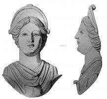 APM-4024 - Applique : buste de JunonbronzeBuste-applique, au revers plat, figurant une femme aux traits classiques, émergeant d'un fleuron et coiffée d'un haut diadème lisse : Junon ?