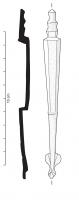 BAF-4009 - Pontet de fourreau de spathabronzeBarrette sub-quadrangulaire à tête décorée de trois moulures. Le pont est généralement dépourvu de décor. Le pied adopte une forme foliacée plus ou moins stylisée. Présence fréquente d'agrafe de fixation au revers.