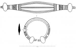 BRC-2108 - Bracelet ouvert à extrémités bouletéesbronzeBracelet ouvert, de section ovale large, aplatie mais massive, avec une arête médiane interne et une face externe arrondie avec un décor incisé; tampons en forme de sphères aplaties, prolongées par un appendice.