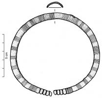 BRC-2120 - Bracelet ouvert à section en UbronzeBracelet en bronze à section semi-circulaire ou anguleuse, creuse sur la face interne, décoré d'incisions et éventuellement de cannelures, notamment aux extrémités.