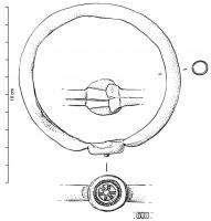 BRC-4075 - Bracelet émaillé ou à cabochonbronzeTPQ : 100 - TAQ : 300Bracelet à jonc tubulaire creux, attaché par un système de goupilles (dont l'une doit être amovible) à un cabochon coulé de forme circulaire, présentant une cavité arrondie qui a pu recevoir une rouelle en argent ou un cabochon.